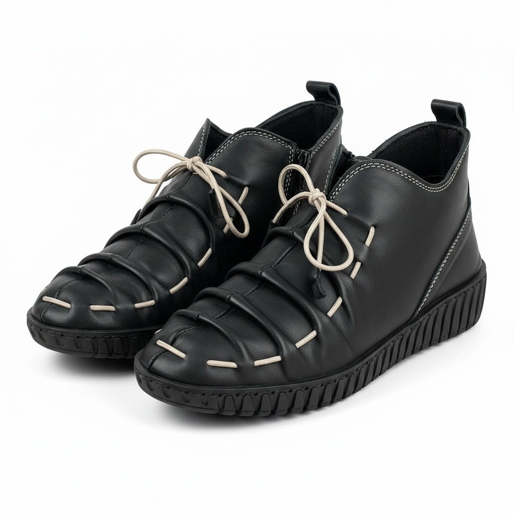 Spring Step Black Leather Ribbed Laced Nespea Ankle Bootie Zip Wedge Womens 7.5